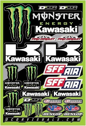 D'cor Visuals Racing Sticker Decal Sheet – 12 Mil Thick Vinyl, Compatible with Kawasaki-Style Dirt Bikes – Includes Motocross, Off-Road, and MX Graphics Inspired by Popular Racing Brands 19”x12” - Image 1