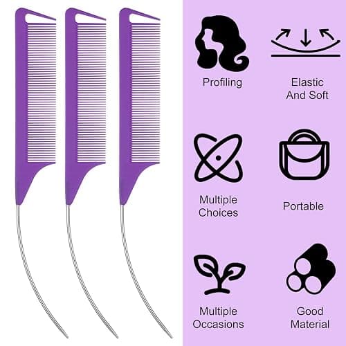 Rat Tail Comb, Mabor 3 Pcs C Curved Hair Parting Combs Styling Tools Fine Tooth Comb with Bend Steel Needle Carbon Fiber Pin Tail Combs for Women Barber thumbnail 3