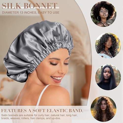 Satin Bonnet Silk Bonnet Hair Bonnet for Sleeping-Slouchy Beanie Hat Satin Sleep Cap for Women's Natural & Curly Hair(Dark Grey) thumbnail 3