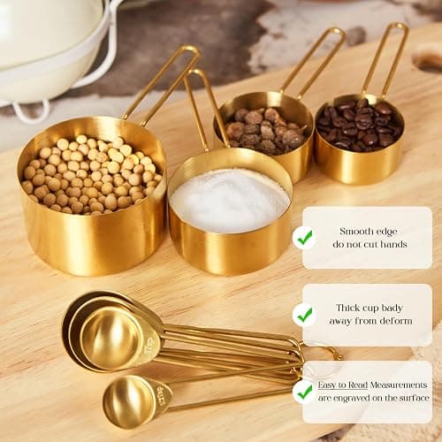 Golden 304 Stainless Steel Measuring Cups and Spoons Set,8PCS Stackable & Long Handle Fits Narrow Jars, Premium Gold Kitchen Accessories for Liquid & Dry Ingredients Baking Cooking, Durable&Rust-Proof thumbnail 6