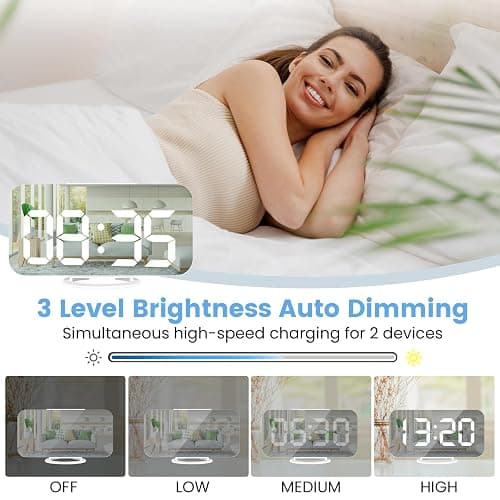 Muoigoe Digital Alarm Clock,Large Display LED And Mirror Desk Clock With Dual USB Charger Ports, 3 Levels Brightness,12/24H Alarm Clocks, Modern Electronic Clock for Bedroom Living Room Office - White - White thumbnail 5
