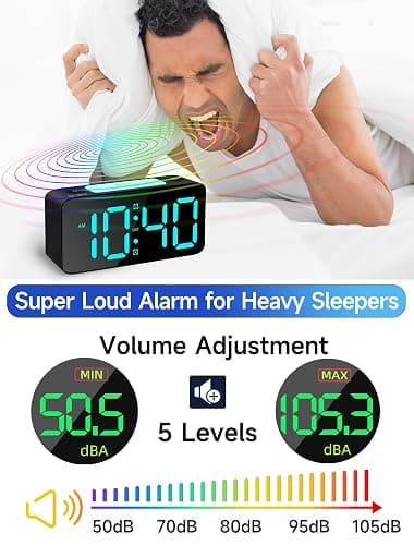 Cadmos Super Loud Alarm Clock for Heavy Sleepers Adults,Digital Clock with 7 Color NightLight,Adjustable Volume,USB Charger,Small Clocks for Bedrooms Bedside,ok to Wake for Kids,Teens (Black+RGB) thumbnail 5