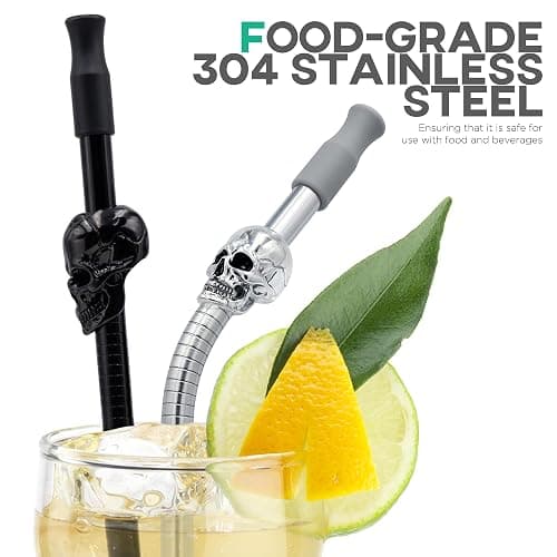 Homestia 8 Pack 10.5'' Reusable Stainless Steel Metal Straws, Skull Decor | Long Drinking Straws, Removable Silicone Tips, with Cleaning Brushes for 30 oz and 20 oz Tumblers, Gothic Halloween Party Use thumbnail 7