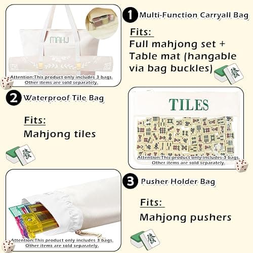 Mykng Nzw 3Pcs Canvas Mahjong Tile Bag Set for Tiles and Racks, Beige | Canvas Tote Bag with Mat Holder Accessories Organizer,Portable Mahjong Case Drawstring Protective Sleeve for Rack Pushers thumbnail 6