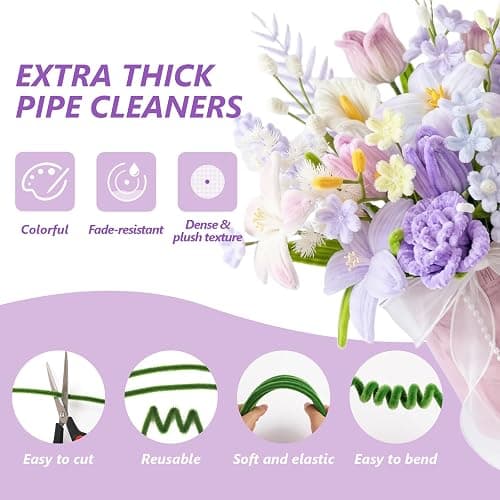 1050 PCS Pipe Cleaner Flower Kit, 15 Assorted Colors Pipe Cleaners Craft,Chenille Stems for DIY Flower Making Kit with Instructions,Floral Wires,Stamen& Ribbon,Art and Craft Supplies thumbnail 3