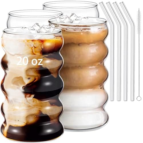 Ework4U 4 Pcs 20oz Drinking Glasses Set with Straws, Cute Iced Coffee Glass Cups, Iced Coffee Tumblers, Thick Drinking Jars for Smoothie, Boba Milk Tea, Ideal for Gift, with Straw Brush - Image 1