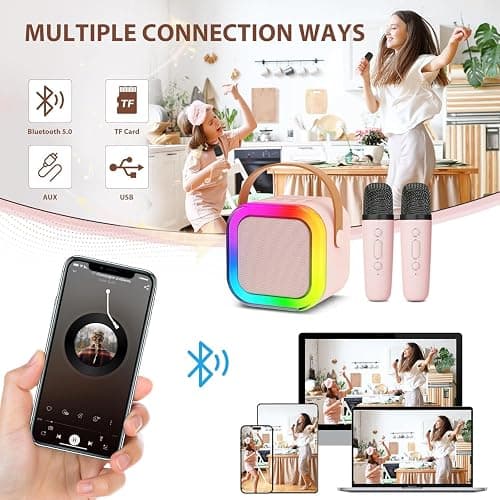 Karaoke Machine for Kids Adults, Mini Karaoke Machine with 2 Wireless Microphone, Portable Bluetooth Speaker with Voice Changing Effects & LED Lights, Best Gifts Toys for Girls and Boys thumbnail 6