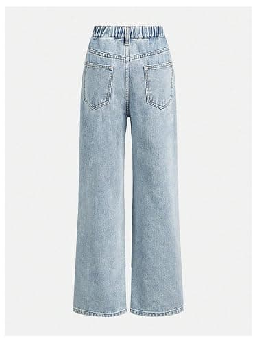 WDIRARA Girl's Bowknot Print Washed Jean Elastic Waist Denim Pants Straight Leg Trousers with Pockets thumbnail 3