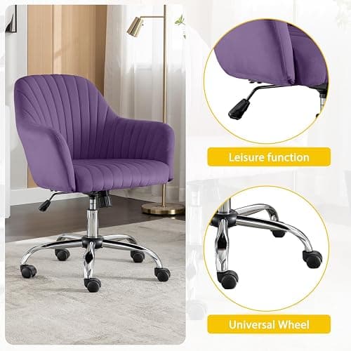 Anwickhomk Purple Vanity Desk Chair Comfy with Back and Wheels,Velvet Rolling Office Chair for Vanity Makeup Room,Height Adjustable,360 Swivel (Purple) thumbnail 6