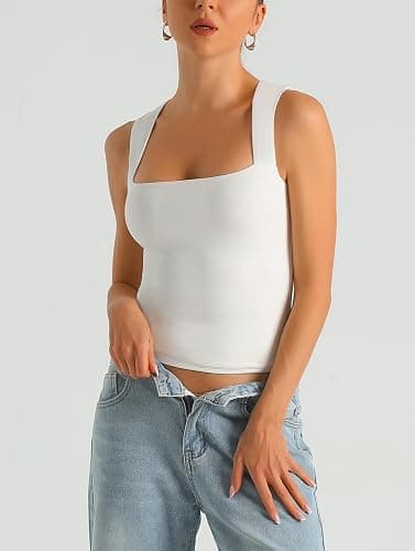 HOYAYO Women's Slim Fit Double-Layer Tank Top Square Neck Sleeveless Basic Fitted Tee Shirt thumbnail 2