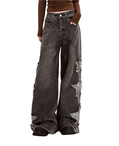 Lafaguw Baggy Jeans for Woman Girls Star Patchwork High Waist Cute Jean Streetwear Loose Pants Grunge Emo Clothing - Image 1