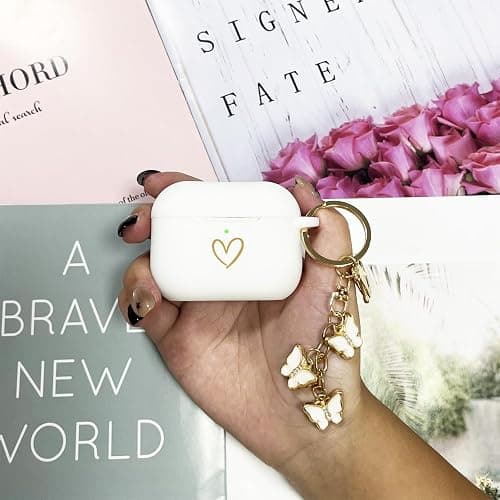 AIIEKZ Compatible with AirPods Pro 3 Case Cover 2025, Soft Silicone Case with Gold Heart Pattern for AirPods Pro 3rd Generation Case with Cute Butterfly Keychain for Girls Women (White) thumbnail 6