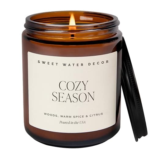 Sweet Water Decor Cozy Season Fall & Winter Candle, 9oz Amber Jar Black Lid | Woods, Warm Spice, & Citrus Scented Non-Toxic Soy Wax, 40+ Hour Burn Time, Holiday Decorations, Christmas Stocking Stuffer - Image 1