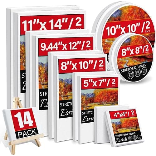 14 Packs Stretched Canvases for Painting, Multi Pack 11x14, 9.44x12, 8x10, 5x7, 4x4, Round Canvas with 8x8,10x10(2 of Each), Blank Primed Canvas, for Oil Paint, Acrylic Paint, for Beginners, Artists. - Image 1