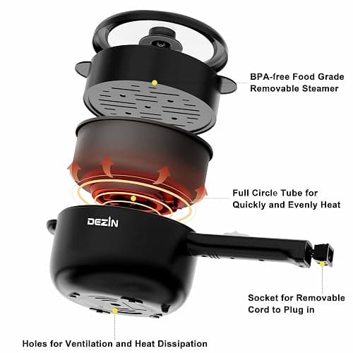 Dezin Hot Pot Electric, 2L Non-Stick Sauté Pan, Rapid Noodles Cooker, Mini Portable Pot for Steak, Egg, Fried Rice, Ramen, Oatmeal, Soup with Power Adjustment & Spatula, College Dorm Room Essential thumbnail 5