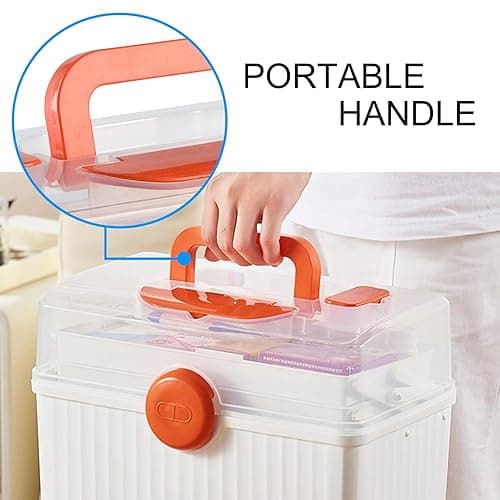 MC MEICHUANG Plastic Family First Box Aid, 3 Layers Portable Medicine Storage Container, Empty Emergency Medical Organizer with Handle for Family, Office and Travel (White-Orange-Clear) - White-Orange-Clear thumbnail 5