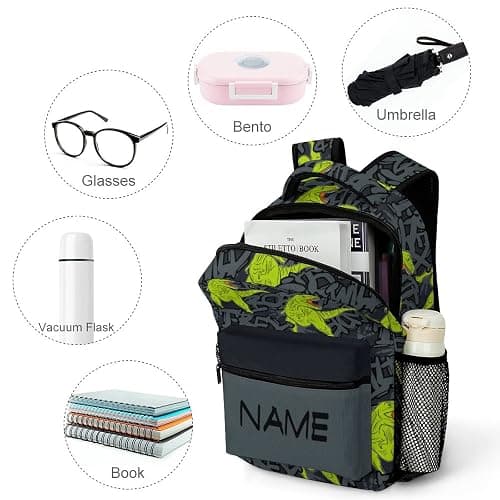 Aicihert Custom Green Dinosaur Roar Backpack Personalized Name Text Backpack Daypacks Customized BookBags School Bag for Student Boys Girls thumbnail 5