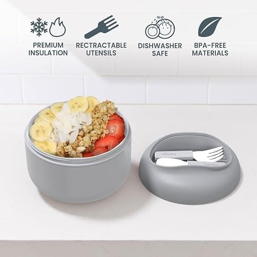 Bentgo Bowl - Insulated Leak-Resistant Bowl with Snack Compartment, Collapsible Utensils and Improved Easy-Grip Design for On-the-Go - Holds Soup, Rice, Cereal & More - BPA-Free, 21.2 oz (Gray) thumbnail 5