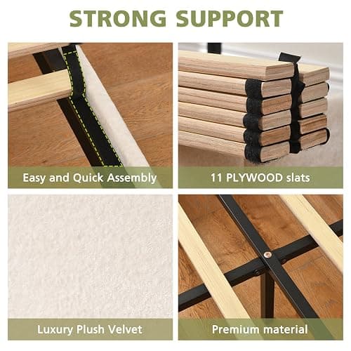 VELOCAVA Queen Size Upholstered Platform Bed Frame with Soft Rounded Corners, 44.88" Tall Headboard, Luxury Plush Velvet Upholstery, 11 Slats & 5 Center Legs, No Box Spring Needed, Cream White thumbnail 3
