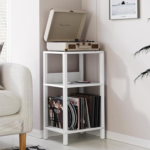 TUTOTAK Record Player Stand with Storage Up to 100 Albums,Record Storage Table,3 Tier End Table,Side Table for Living Room, Bedroom, White TB01BW075 thumbnail 6