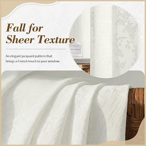 FMFUNCTEX Beige Semi Sheer Curtains for Bedroom, Floral Jacquard Voile Light Filtering Privacy Curtains 84 Inches Long for Living Room, Voile Light Filtering Privacy Window Drapes Rod Pocket 2 Panels thumbnail 5