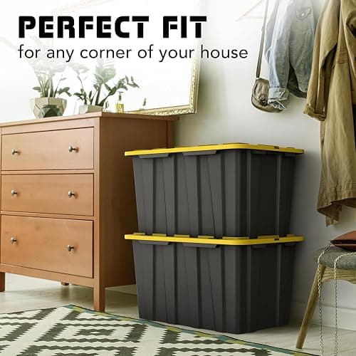 4 PACK Large Black & Yellow Storage Bins | Plastic Tote Organizing Container with Secure Latching Lids, Stackable, Extra Strength with Built in Handle | Black and Yellow Bins | 24.5" x 16.5" x 13.5" thumbnail 6