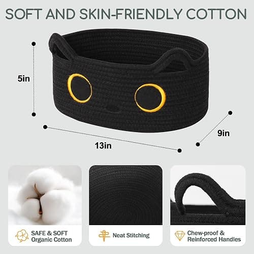 WILLITAT Black Cat Toy Basket, Small Woven Cat Toy Storage Box with Cute Ears Handle Indoor, Cotton Rope Storage Bin with Embroidered Face for Halloween Decor, Pet Bed, Nursery Kids Room Organization thumbnail 3