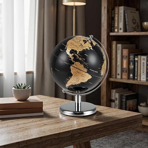 Toolsempire 8" World Globe, Black Earth Globe with Gold Accents, Metal Stand, Non-slip Base & Time Zone, Decorative Tabletop Desk Globes for Classroom, Office & Home thumbnail 8