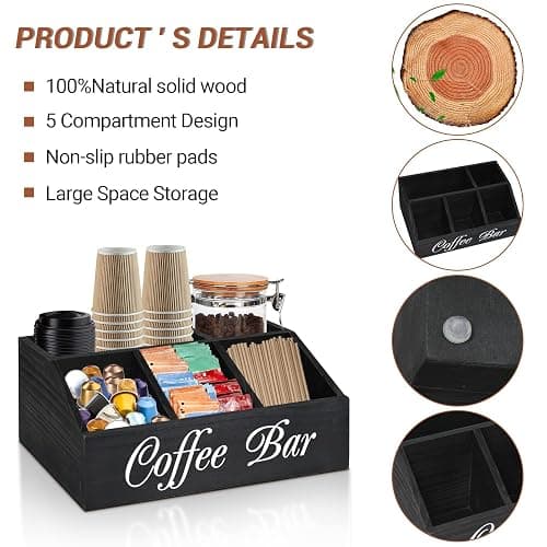 ugiftt Coffee Station Organizer for Counter, Wood Coffee Pods Holder Storage Basket, Tea Condiment Storage Organizer, Rustic Bar Decor for Accessories Organizer thumbnail 7