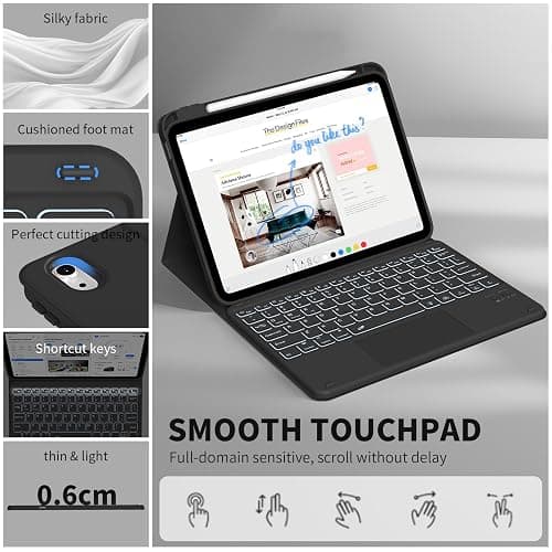 JKSML for iPad(A16) 11th/10th Generation Case with Keyboard (11/10.9 inch) | 2025/2022, 7 Color Backlight Detachable Bluetooth Cover with Trackpad, Flip Stand Case Thin with Pencil Holder, Black thumbnail 7