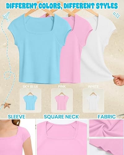 LessonZoo 3 Pack Girls' Short Sleeve Crop Tops | Cap Short Sleeve, Square Neck, Slim Fit, Cropped Tees, Basic Layerings, Cute, Casual, Back to School, Trendy, Vacation thumbnail 4