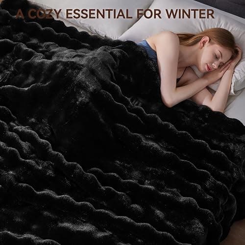 Anysay Faux Fur Throw Blanket, 1000GSM Fluffy Soft Bubble Blanket for Couch Bed, Cozy Plush Warm and Thick Blanket, Fuzzy Rabbit Lola Throw for Living Room Bedroom 90''*104'' Black thumbnail 5