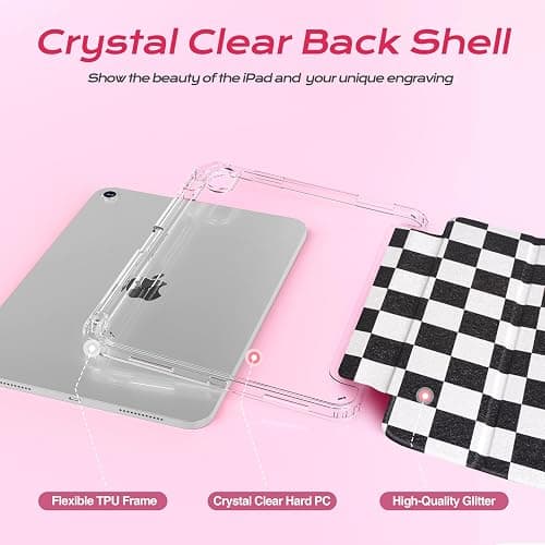 RONWTIMES Slim Case for iPad (A16) 11th Generation 11 Inch (2025), iPad 10th Generation 10.9 Inch (2022) with Pencil Holder, Shockproof Clear Hard Back Cover for Women Girls, Black Checkered thumbnail 3