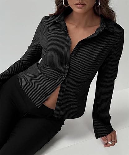 ECHOINE Women Button Down Shirts Long Sleeves Slim Fitted Casual Collared Blouses Work Striped Tops thumbnail 5