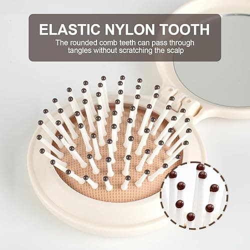 Jurrissa Folding Hair Brush with Mirror for Women Men and Kids，Portable Compact Hair Brush for Purse Pocket Bags, Travel Size Foldable brush with Case, Easy to Carry(Beige) thumbnail 4