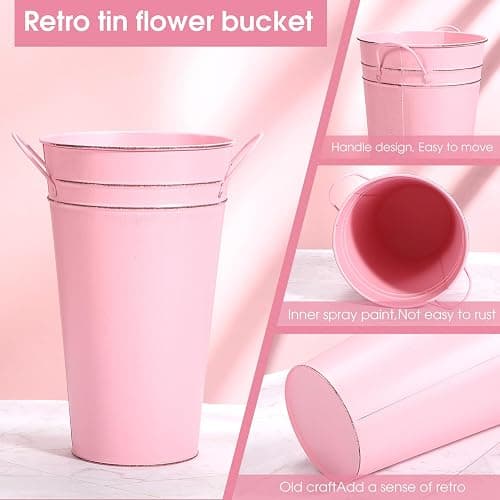 Irenare 12 Inch Vintage Galvanized Flower Bucket Metal Flower Vase Farmhouse French Bucket Planter Metal Floral Container for Party Table Centerpiece Weddings Home(Pink,6 Pcs) thumbnail 4