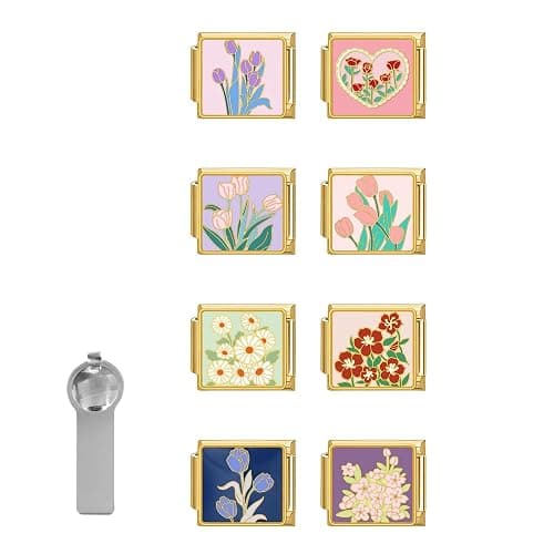 Italian Charms Bracelet Accessories 8Pcs Gold Charms Pack Links Bulk and Opening Tools Flower Heart Star Links Handmade DIY Jewelry - Image 1