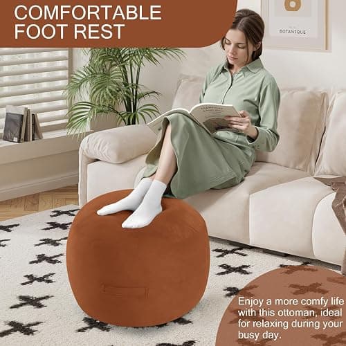 MeMoreCool Round Stuffed Pouf Ottoman Foot Rest, Floor Pouf Foot Stool with Soft Foam Chunk Filling, Small Round Ottoman Footstool Circle Footrest for Living Room, Coffee thumbnail 3