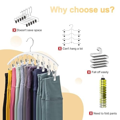 Legging Organizer for Closet, Metal Yoga Pants Hanger w/Rubber Coated 2 Pack w/10 Clips Hold 20 Leggings, Hangers Space Saving Hanging Closet Organizer for Closet Organizers and Storage-White thumbnail 3
