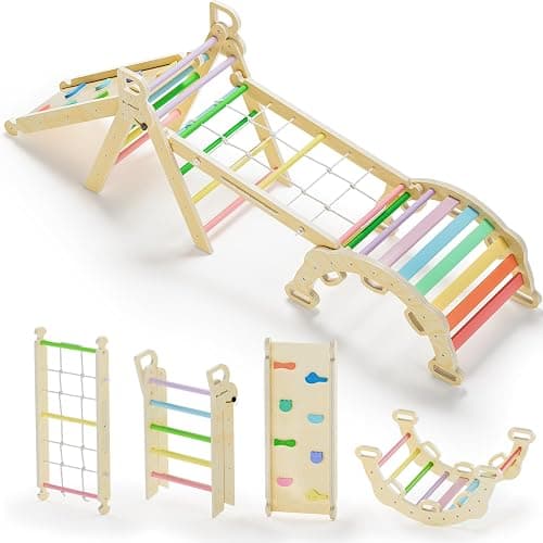 BlueWood 2024 8-in-1 Pikler Triangle Climbing Set Toddler Toys Indoor Baby Jungle Gym Climber Playground for Kids - Rainbow - Upgraded - Rainbow - 8 in 1 - Image 1