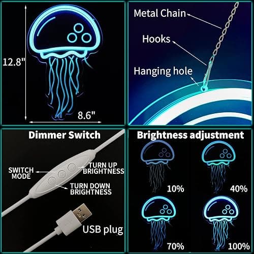 welltodo Jellyfish Neon Signs,Cool Ice Blue Neon Sign for Wall Décor, LED Neon Light Sign for Girls Bedroom Ocean Display Room,Kids Birthday Gift, Wedding Party, Holiday Decoration Powered by USB thumbnail 7