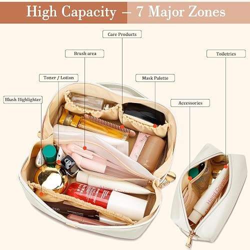 CLOUDWINGS Birthday Gifts for Women Teen Girl, Personalized Initial Makeup Organizer Bag Set, Open Flat Travel Cosmetic Bag With Clear Divider and Handle(Beige,A) thumbnail 4