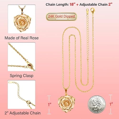 AliveRose Real Rose Gold Dipped Necklace Gifts for Women, 24K Gold Dipped Rose Pendant Necklace Jewelry Mothers Day Anniversaries Birthday Christmas Special Occasions Gifts for Her Mom Wife thumbnail 3