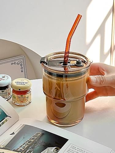 Olvini 13oz Glass Tumbler with Straw and Lid, Reusable Iced Coffee Cup Tumbler, Cute Glass Cups for Water, Matcha, Travel Coffee Mugs (Amber - 13oz) thumbnail 8