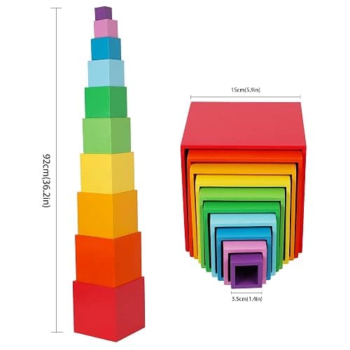 TOWO Wooden Stacking Boxes, Rainbow Nesting Sorting Cups for Toddlers | Rainbow wooden stacking cubes support color sorting, nesting and early learning; Montessori toy for toddlers age 2+ thumbnail 3