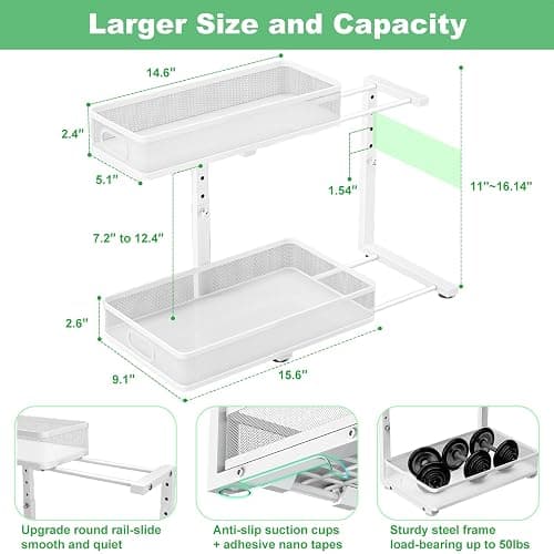 Under Sink Organizer, High Adjustable 2 Tier Under Sink Organizers and Storage, Slide Out Metal Cabinet Organizers, Pull Out Sink Storage Drawer Shelf for Kitchen Bathroom Cabinet, White, 2 Pack thumbnail 2