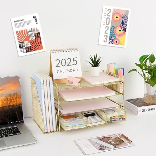 Gianotter Paper Letter Tray Organizer with File Holder, 4-Tier Desk Accessories & Workspace Organizer with Drawer and 2 Pen Holders - Gold thumbnail 7