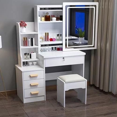 Dressing Table,LED Lights with Adjustable Brightness,Vanity Table with Mirror,4 Drawers,6 Storage Shelves,Makeup Table with Mirror and Stool,Dressing Table with Lighted Mirror,Modern Bedroom Dresser thumbnail 3