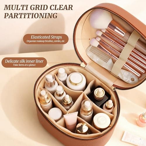 MaqSacion Makeup Bag Vanity Case for Women Leather Cosmetic Bag Makeup Organizer Case Portable Travel Toiletry Bag With Removable Compartments and Handle - Brown thumbnail 3