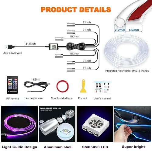 Jushope Car LED Strip Lights, USB Interior Ambient Lighting Kits with Wireless APP and RF Remote Control, 16 Million Colors Music Mode Car Decoration Lights with 315 inches 3.0mm Fiber Optic (6 in 1) thumbnail 7